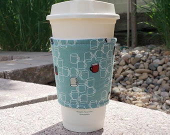 Hot or Iced Fabric coffee cozy / cup sleeve / coffee sleeve  / Coffee mugs on teal -- Flat Shipping