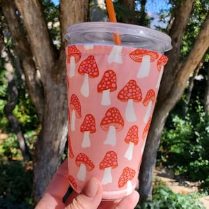 Iced or Hot Fabric coffee cozy / cup sleeve / coffee sleeve / Red Mushrooms -- Flat Shipping