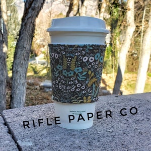 Hot or Iced Reusable coffee cozy / cup sleeve / coffee sleeve / coffee cup holder - Navy Menagerie Metallic  Rifle Paper Co -- Flat Shipping