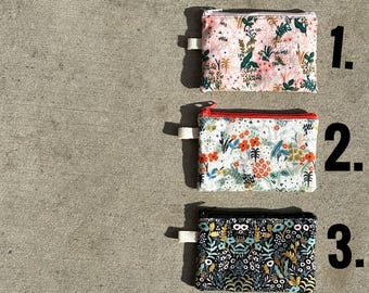Small zipper pouch, Rifle Paper Co botanical zipped bag, essential oils pouch, gift card bag, coin card purse, floral prints - flat shipping