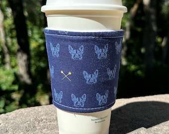 Hot or Iced Fabric coffee cozy / cup sleeve / coffee drink sleeve / French Frenchie Bulldogs on Blue