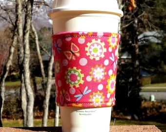 Hot + cold fabric coffee cozy / cup sleeve / coffee sleeve  - Butterflies Dragonflies and Flowers on Pink