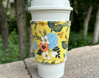 Hot or Iced Fabric coffee cozy / cup sleeve / coffee sleeve  / Rifle Paper Co Primavera Birch in Yellow -- Flat Shipping