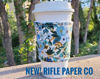 Hot or Iced Fabric coffee cozy / cup cuff / coffee sleeve  / Rifle Paper Co Flowers Wildwood Garden Party in Blues -- Flat Shipping