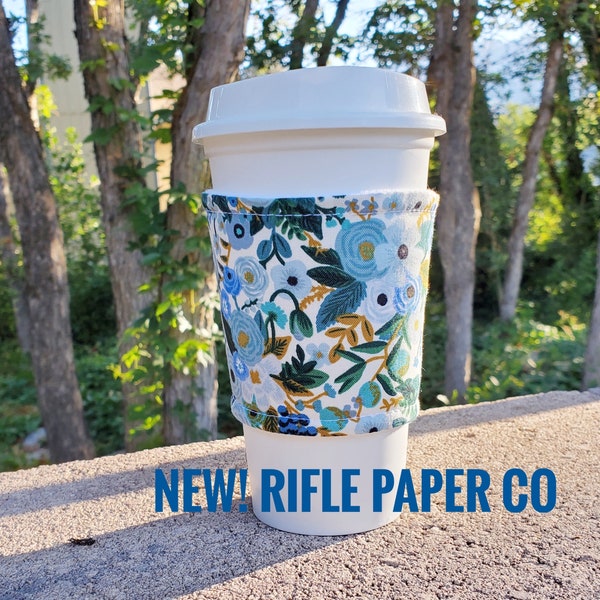 Hot or Iced Fabric coffee cozy / cup cuff / coffee sleeve  / Rifle Paper Co Flowers Wildwood Garden Party in Blues -- Flat Shipping