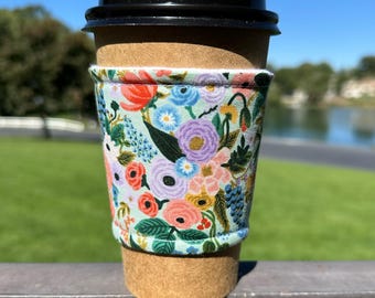 Hot or Iced Fabric coffee cozy / cup cuff / coffee sleeve  / Rifle Paper Co Flowers Petite Garden Party Mint with Lavender-- Flat Shipping