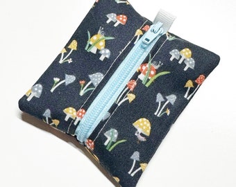 Tiny zipper pouch / earbud case / AirPod pouch / coin pouch | Mushrooms on Navy -- Flat Shipping