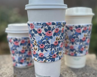 Hot or Iced Fabric coffee cozy / cup sleeve / coffee sleeve  / Rifle Paper Co Periwinkle -- Flat Shipping