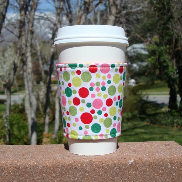 Hot or Iced fabric coffee cozy / cup sleeve / coffee sleeve  -- Holiday Dots of Red and Green