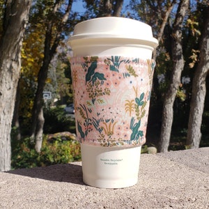 Hot or Iced Reusable coffee cozy / cup sleeve / coffee sleeve / coffee cup holder - Floral on pink Rifle Paper Co -- Flat Shipping