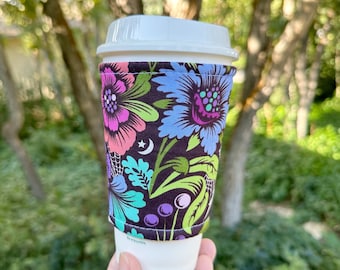 Hot or Iced Reusable coffee cozy / cup sleeve / coffee sleeve / coffee cup holder - Tula Pink Nightshade Spider Blossom -- Flat Shipping