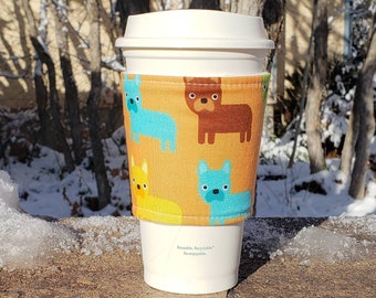 Hot or Iced Fabric coffee cozy / cup sleeve / coffee drink sleeve / French Bulldogs on Orange -- Flat Shipping