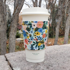 Hot or Iced Fabric coffee cozy / cup sleeve / coffee sleeve  / Rifle Paper Co Flowers Wildwood Garden Party on Mint -- Flat Shipping