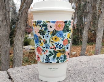 Hot or Iced Fabric coffee cozy / cup sleeve / coffee sleeve  / Rifle Paper Co Flowers Wildwood Garden Party on Mint -- Flat Shipping