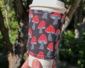 Iced or Hot Fabric coffee cozy / cup sleeve / coffee sleeve / Red Mushrooms on black -- Flat Shipping