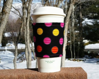 Hot + Iced fabric coffee cozy / cup sleeve / coffee sleeve  / teacher gift / Orange yellow fuchsia dots on black