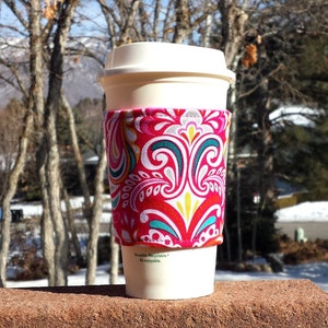 Hot or Iced Fabric coffee cozy / cup holder / coffee sleeve / can koosie / mason jar cozy - Fountains of color -- Flat Shipping