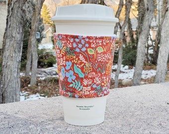 Hot or Iced Reusable coffee cozy / cup sleeve / coffee sleeve / coffee cup holder - English Garden flowers on Red Rifle Paper Co