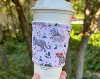 Hot or Iced Reusable coffee cozy / cup sleeve / coffee sleeve / coffee cup holder - Ooo La La Kitty Cat -- Flat Shipping