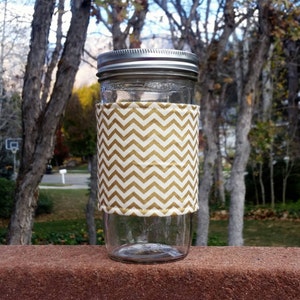 Mason Jar cozy / mason jar sleeve - Metallic Gold and Ivory Chevron