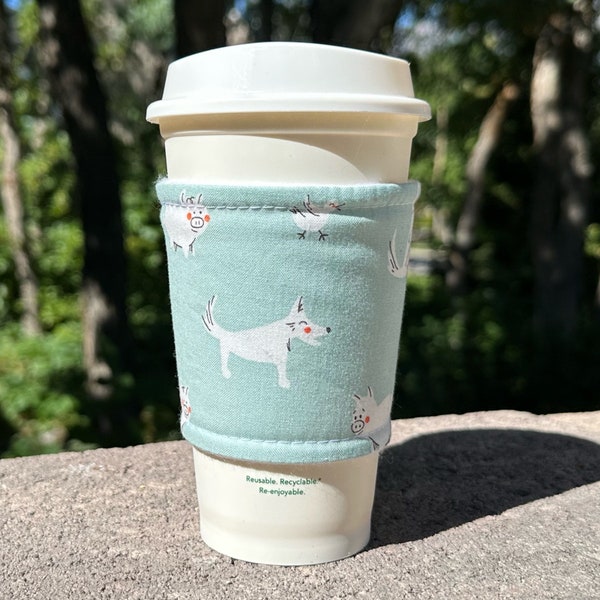 Hot or Iced Reusable coffee cozy / cup sleeve / coffee sleeve / coffee cup holder - Dogs and Pigs -- Flat Shipping