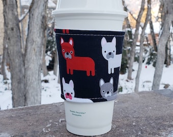 Hot or Iced Fabric coffee cozy / cup sleeve / coffee drink sleeve / Red and White French Bulldogs on Black -- Flat Shipping