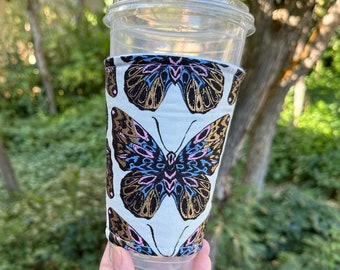 Hot or Iced Reusable coffee cozy / cup sleeve / coffee sleeve / coffee cup holder - Ruby Star -- Butterfly on Cream -- Flat Shipping