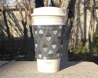 Hot or Iced Reusable coffee cozy / cup sleeve / coffee sleeve / coffee cup holder - Forest Acorns -- Flat Shipping