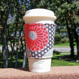 Hot or Iced Fabric coffee cozy / cup holder / coffee sleeve - Giant Blooms of red, gray and aqua -- Flat Shipping