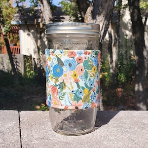 Mason jar cozy / mason jar sleeve - 24oz quart pint half-pint wide-mouth regular-mouth - Rifle Paper Co Wildwood Garden Party Blue