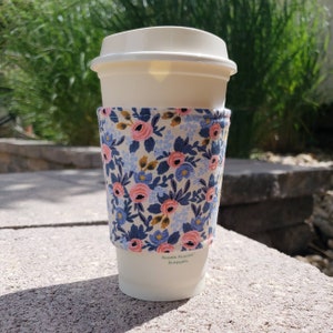 Hot or Iced Fabric coffee cozy / cup sleeve / coffee sleeve  / Rifle Paper Co Periwinkle -- Flat Shipping