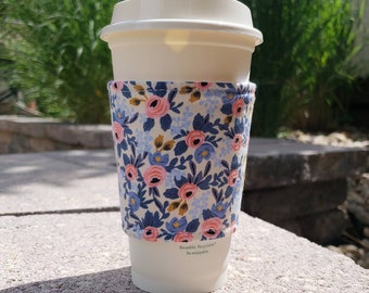 Hot or Iced Fabric coffee cozy / cup sleeve / coffee sleeve  / Rifle Paper Co Periwinkle -- Flat Shipping