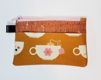 The Mini - zipper pouch + front slip pocket / card holder coin cash change purse / fabric + cork / spill the tea