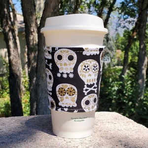 Hot or iced coffee cozy / coffee cup holder / coffee sleeve -- Sugar Skulls Black and Gold -- Flat Shipping