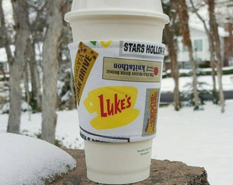 Fabric coffee cozy / coffee cup holder / coffee sleeve -- LUKE'S DINER - Dragonfly Inn - Gilmore Girls -- Ready to Ship -- Flat Shipping