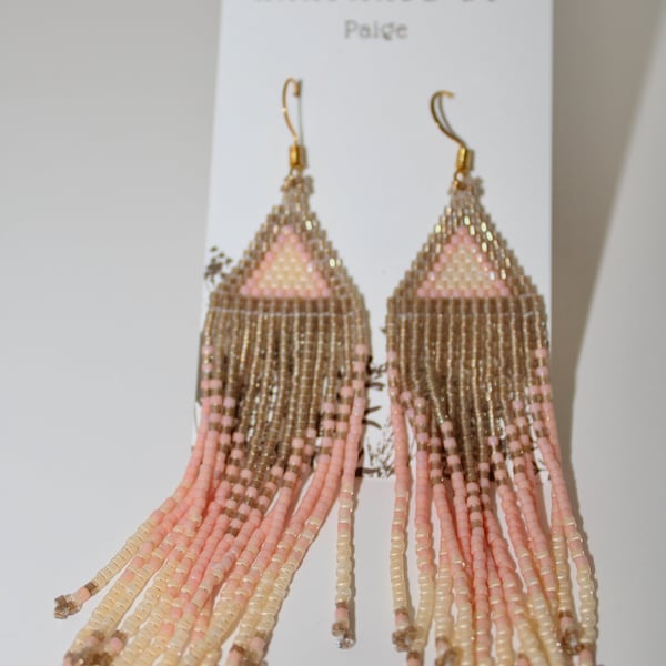 Pink Cream Bronze Beaded Fringe Earrings, Handmade Indigenous Beadwork