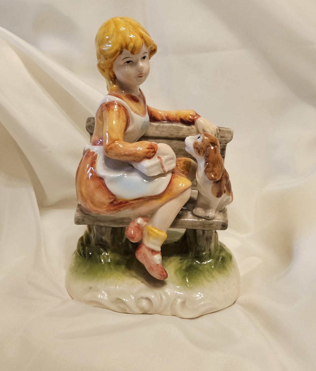Vintage HTF Porcelain Girl Figurine Sitting on a Bench - Etsy
