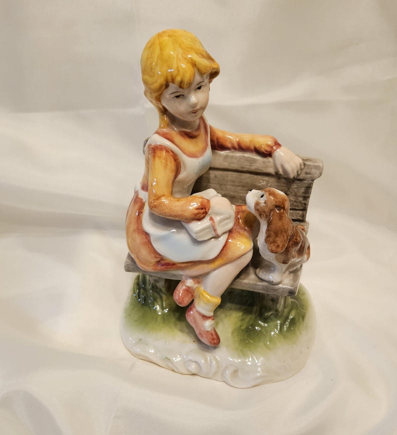 Vintage HTF Porcelain Girl Figurine Sitting on a Bench - Etsy