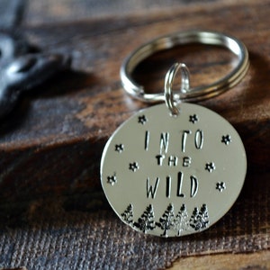 Into The Wild Hand Stamped Silver Keychain Stars Pine Trees image 1