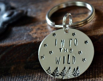 Into The Wild - Hand Stamped Silver Keychain - Stars - Pine Trees