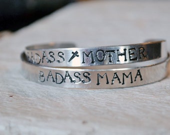 Badass Mother Bracelet - Badass Mama Cuff - Tattoo Text - Cuff Bracelet - Hand Stamped Bracelet - Stacking Bracelet - Motherhood