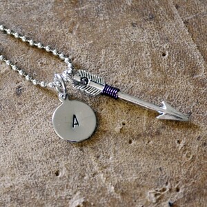 Silver Initial Arrow Necklace - Hand Stamped Initial Necklace - Silver Arrow Necklace - Wire Wraped Arrow -  Custom Arrow Jewelry