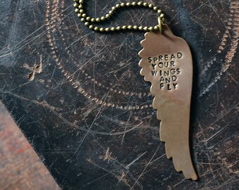 Spread Your Wings And Fly - Hand Stamped Necklace - Brass Angel Wing Necklace