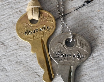 Key of Courage - Vintage Key Necklace - Brass Lion Key - Masterlock Key Necklace - Hand-stamped Key - Prohibition Key - Recycled Key Jewelry