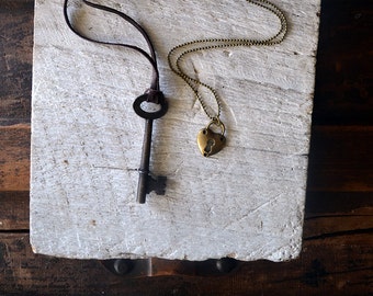 Heart Lock and Skeleton Key Necklace Set – Key To My Heart - His and Hers Necklace Set - Bronze and Deerskin Lace