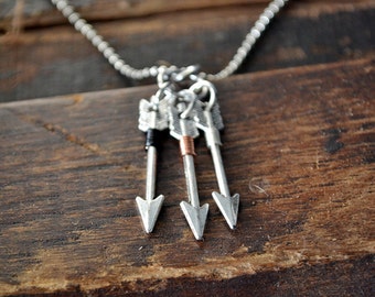 Silver Triple Arrow Necklace - Silver Arrow Necklace - Wire Wrapped Arrow - Boho Arrow Necklace - Raising Arrows - Custom Colors