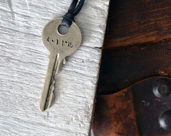 Custom Date Key Necklace - Hand-stamped Key - Personalized Key - Wedding Gift - Key To My Heart - Leather or Chain Necklace