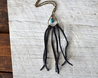 Black Boho Fringe Necklace - Black Leather Fringe Necklace - Boho Leather Fringe - Turquoise & Brass Leather  - Bohemian Necklace