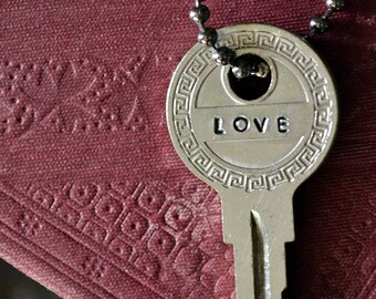 Key To My Heart Necklace - I Love You - Handstamped Pendant Necklace - Love Key - Recycled Key Jewelry - Mens Necklace - Love - Key of Love