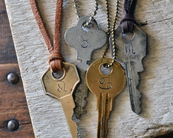 Zodiac Key Necklace - Hand Stamped Key - Zodiac Jewelry - Mens Zodiac Necklace - Womens Zodiac Necklace - Horroscope Jewelry - Zodiac Sign